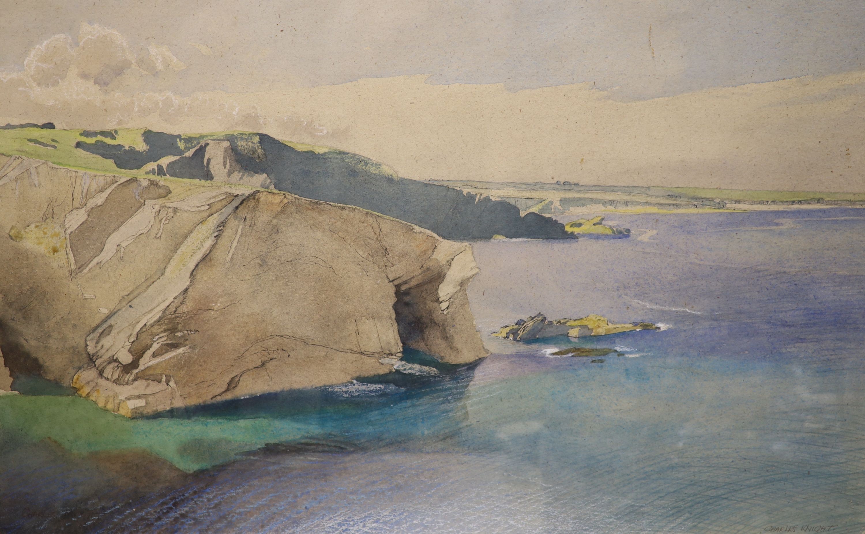 Charles Knight R.W.S; R.O.I (1901-1995), watercolour, Cliffs of Cornwall, near Trevone, signed, 44 x 70cm.